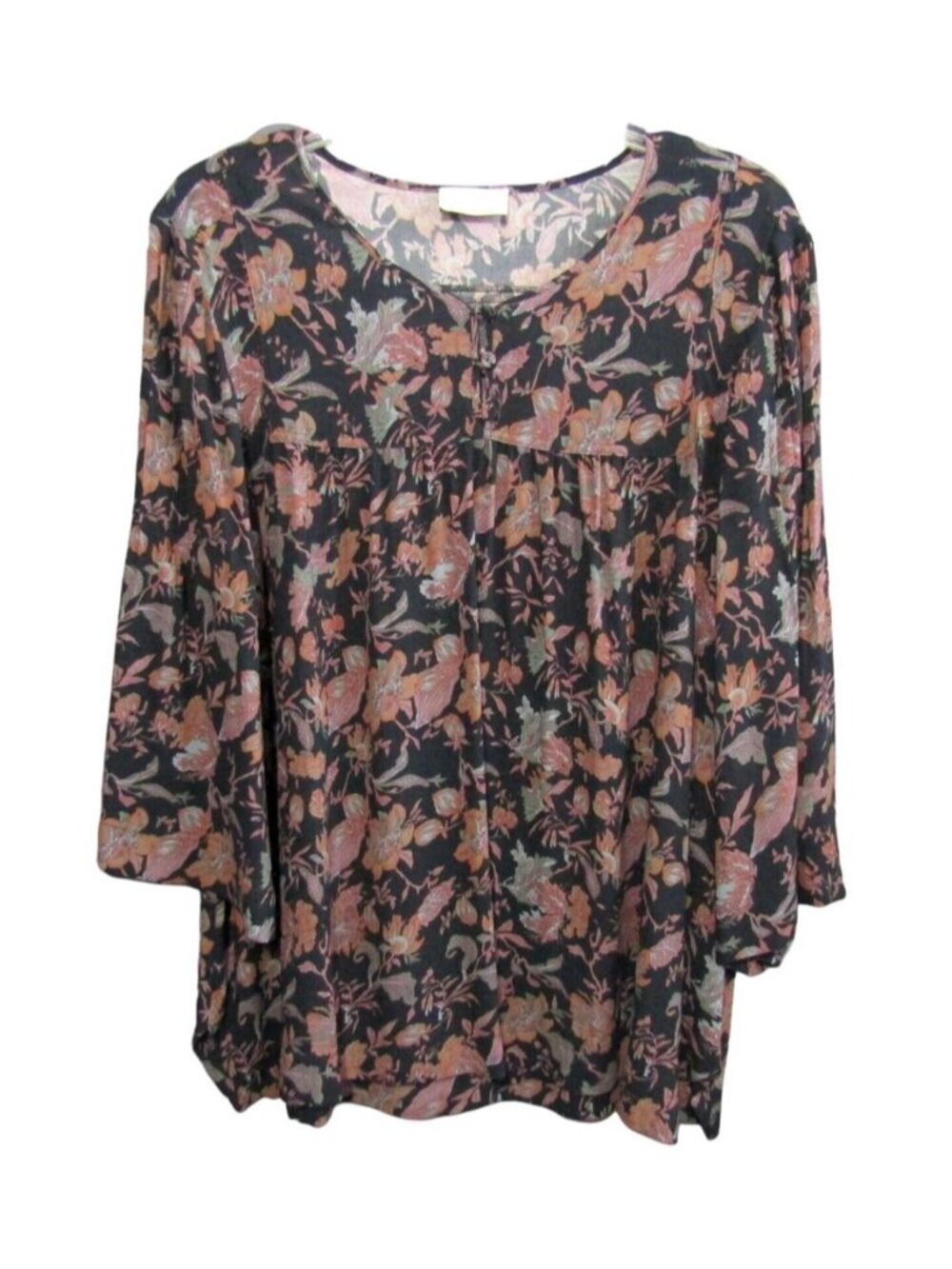 Wrap London Floral Top Size US 8 UK 12 Navy Blue Orange Pink Popover 3/4 Sleeve
